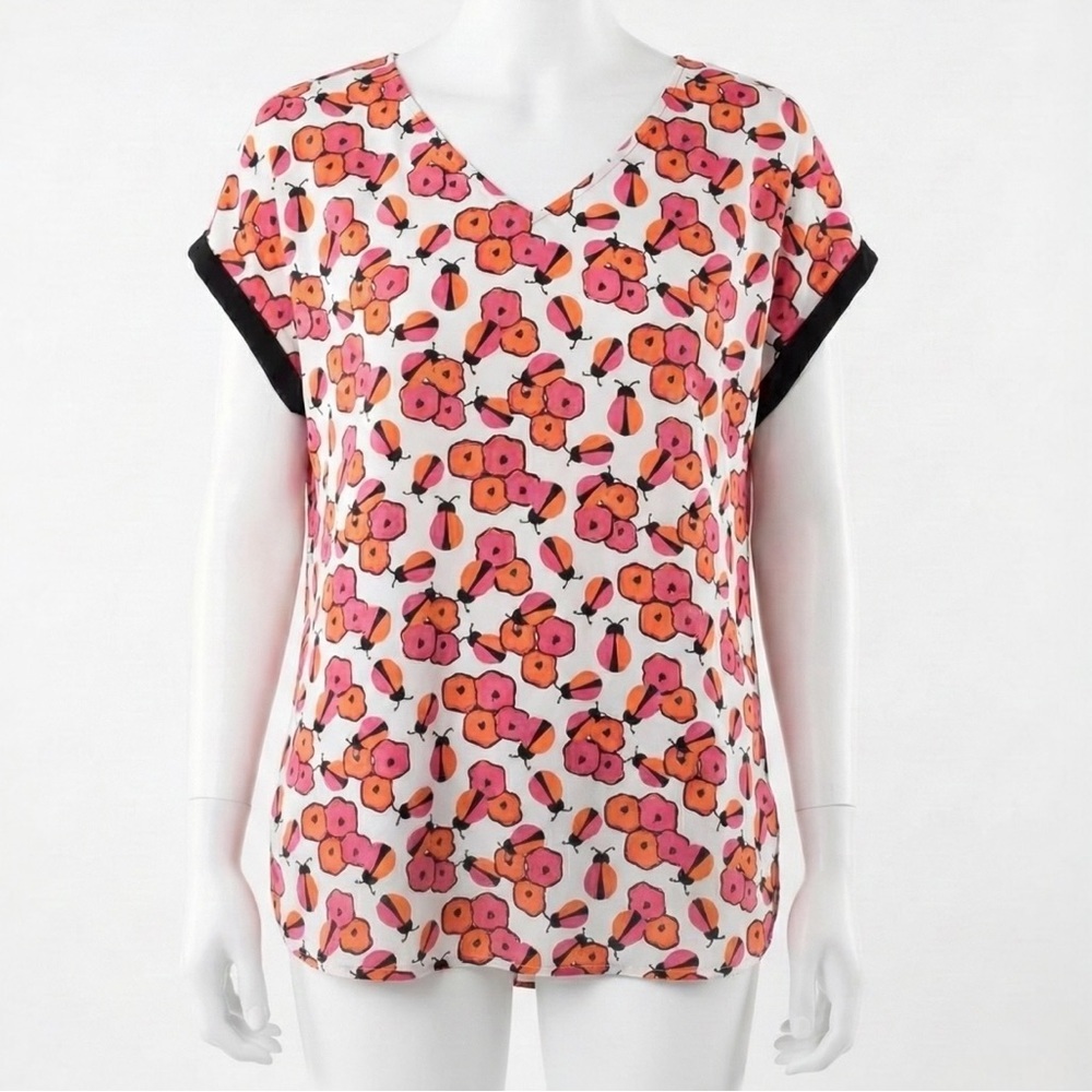 Kaari Blue XL Ladybug Floral Print Mixed Media V-Neck Short Sleeve Blouse Top